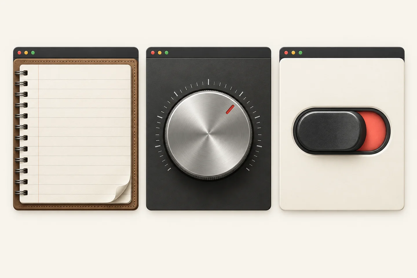 Tres interfaces skeuomórficas: una libreta de papel, un dial metálico y un interruptor con relieve