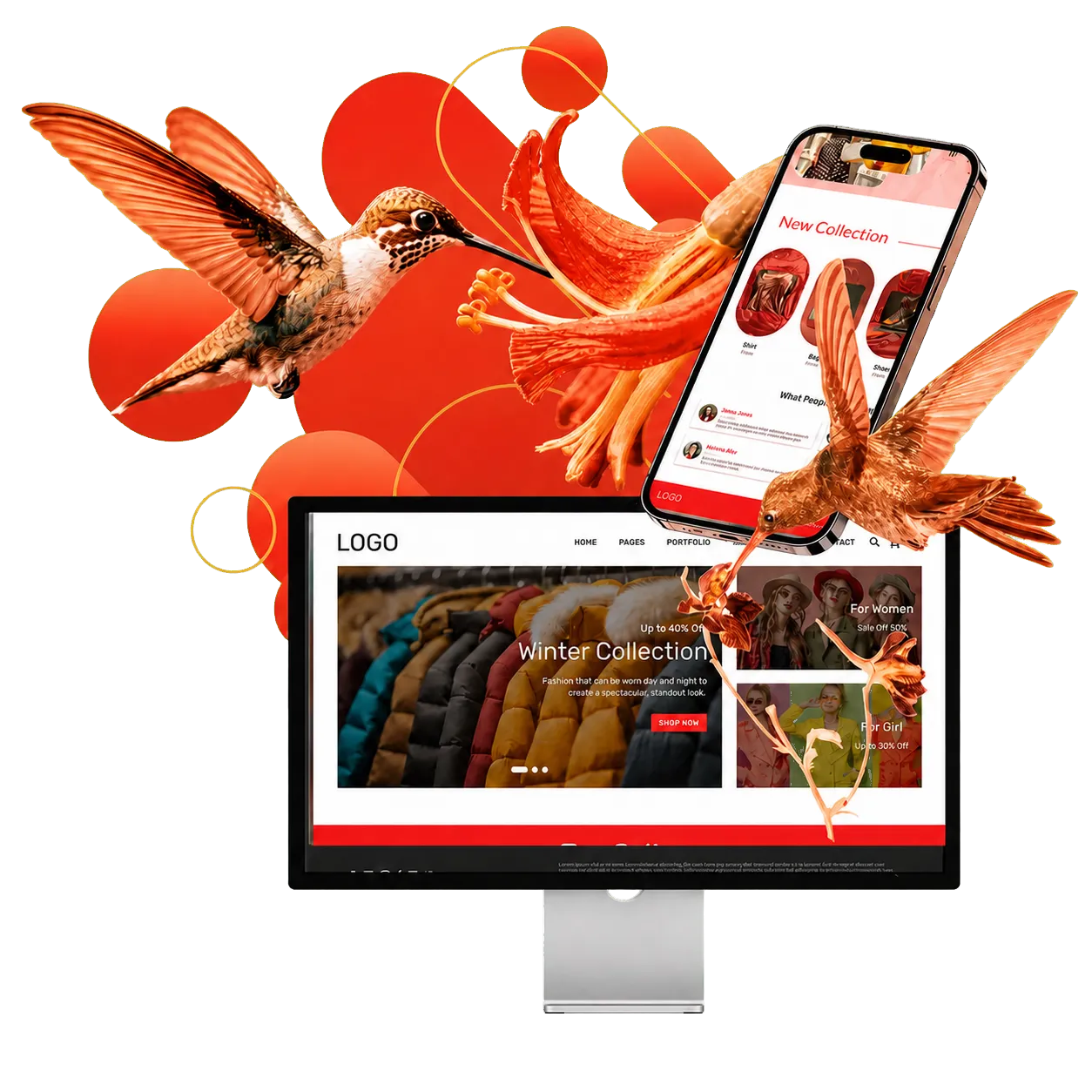 Colibríes y pantallas de una tienda online