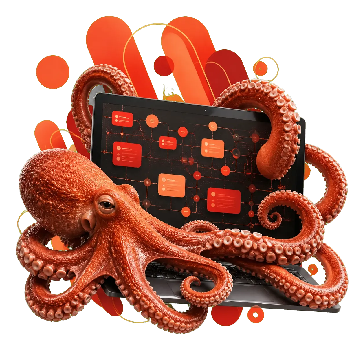 Pulpo conectado a un flujo digital de automatización con inteligencia artificial