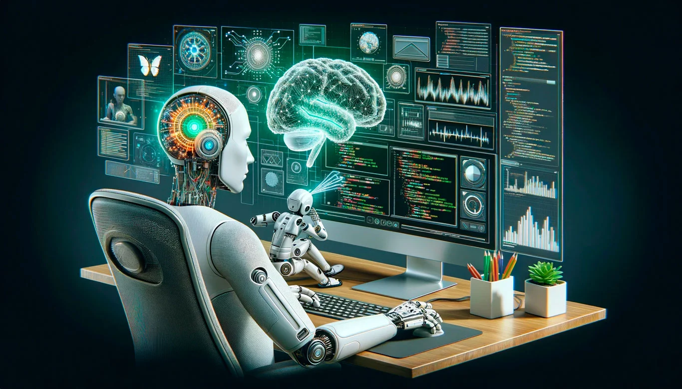 Representación fotorrealista de la integración de inteligencia artificial en desarrollo web, mostrando un robot codificando en un entorno de alta tecnología con una red neuronal 3D y una interfaz futurista en tonos de blanco, gris, verde y naranja.