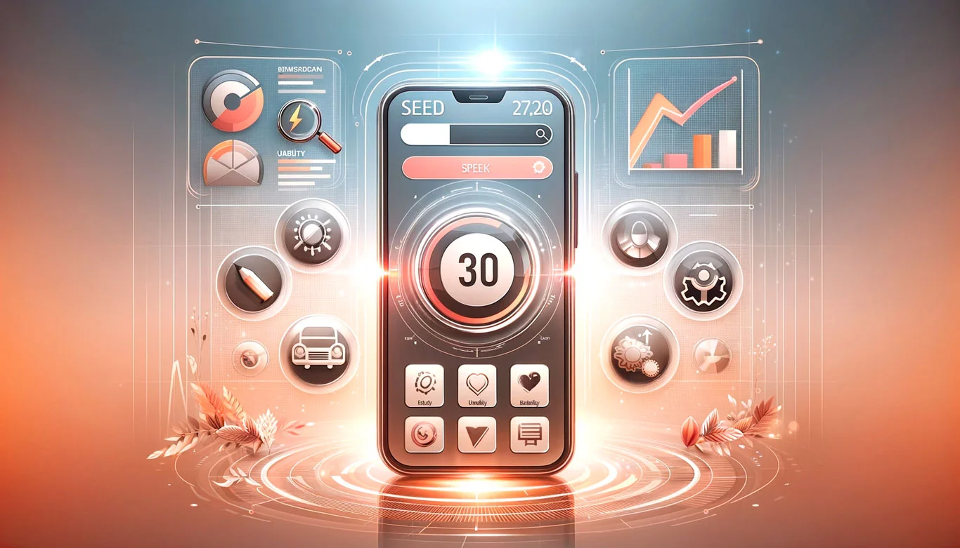 Imagen de un smartphone moderno mostrando un sitio web optimizado en su pantalla, rodeado de íconos que representan velocidad, usabilidad y SEO en un fondo tecnológico.