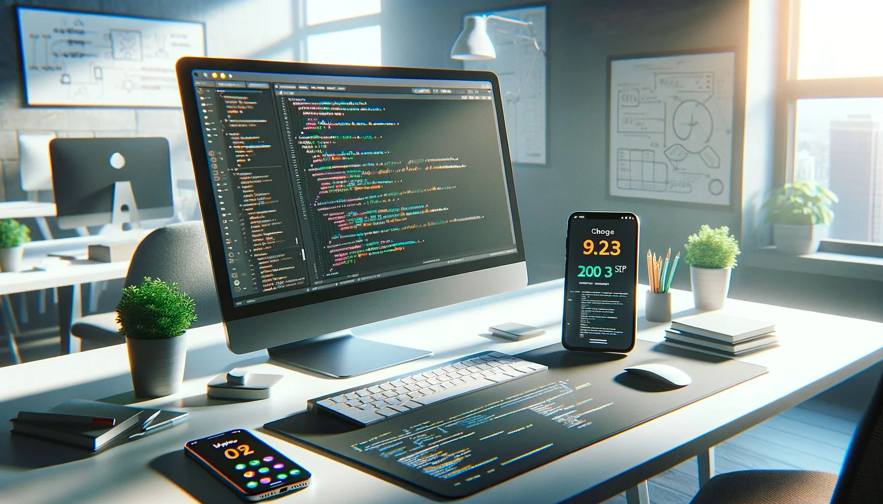 Fotografía realista de un escritorio de trabajo tecnológico con un ordenador mostrando código de desarrollo web y un smartphone con interfaz de aplicación móvil, reflejando la elección entre desarrollo web y de apps.